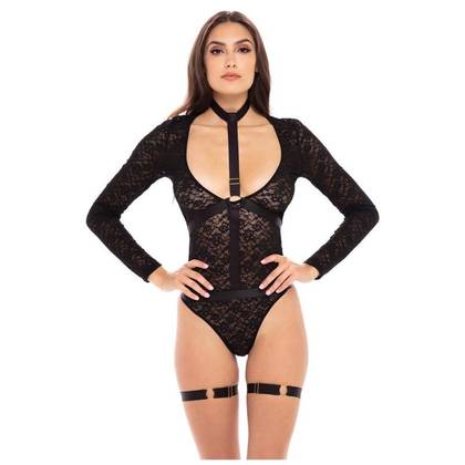 Luxusný 4-dielny set Choker: Čipkované body s popruhmi a podväzkami - veľkosť S/M, 7550019-BLK