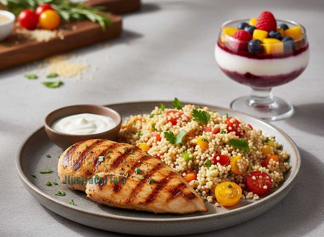 200g Kuřecí steak + šopský salát + jogurtový dip + 0,5l okurková limonáda s ovocím