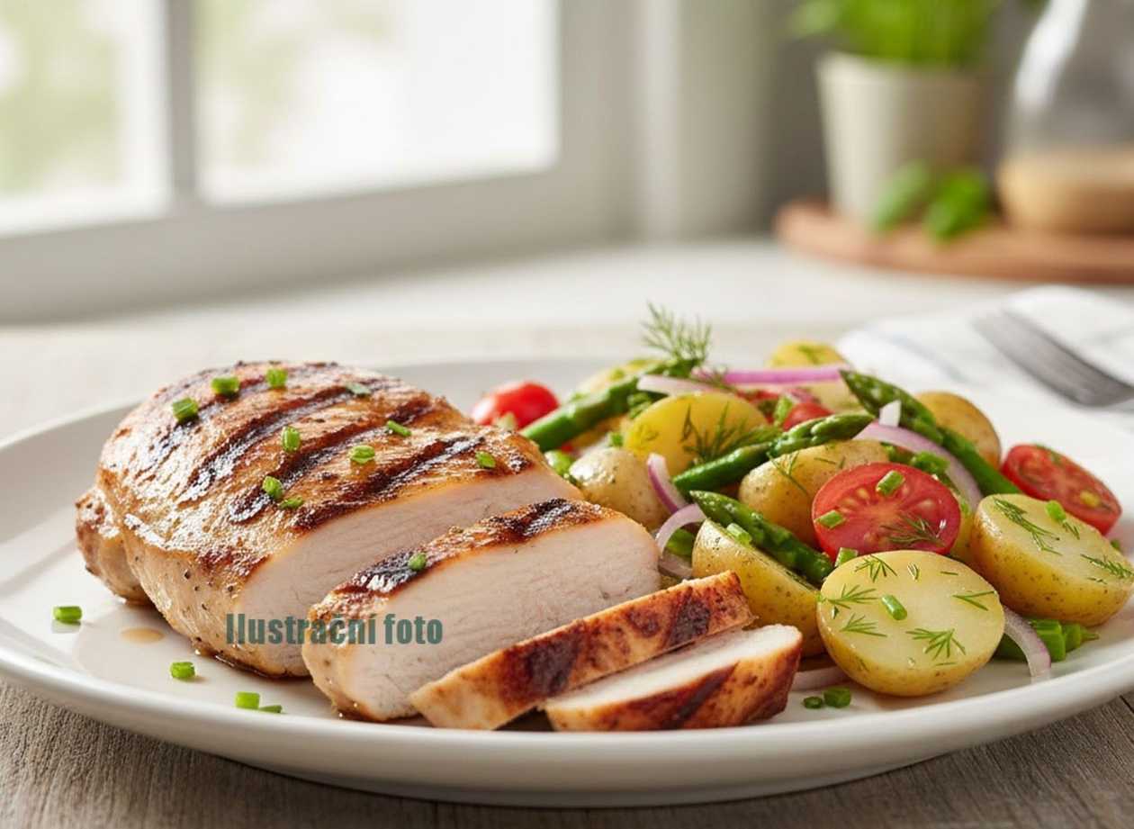 200g Kuřecí steak +brambor s grilovaná zelenina eidam+ jogurtový dip+ 0,5l malinová limča s ovocím