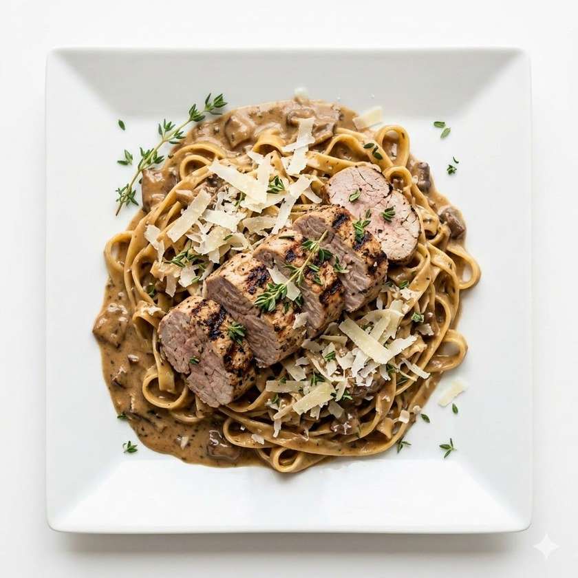 Grilované medailónky z bravčovej panenky na dubákovo-smotanových tagliatelle, zdobené parmezánom a čerstvým tymiánom