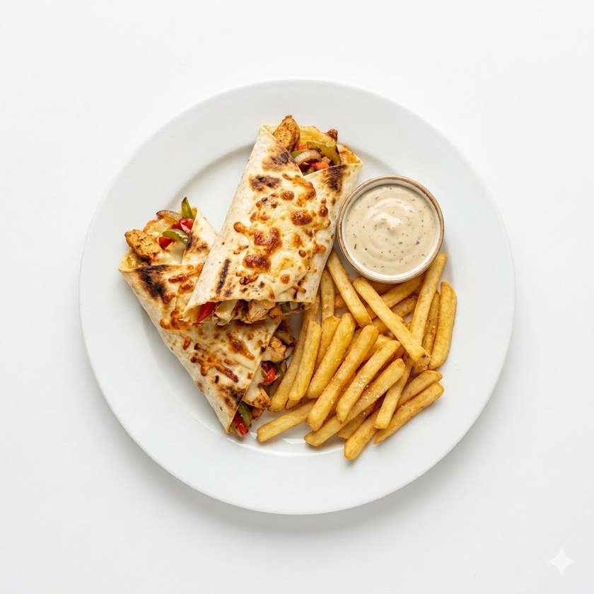 180g Zapekané tortilla placky 2ks, hranolky, gregory dresing (1,3,7,12)