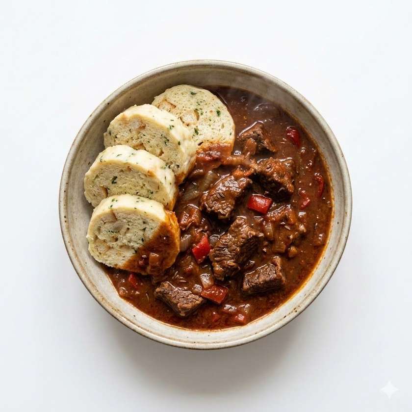 180g Maďarský hovädzí guľáš, žemľová knedľa (1,3,7,12)