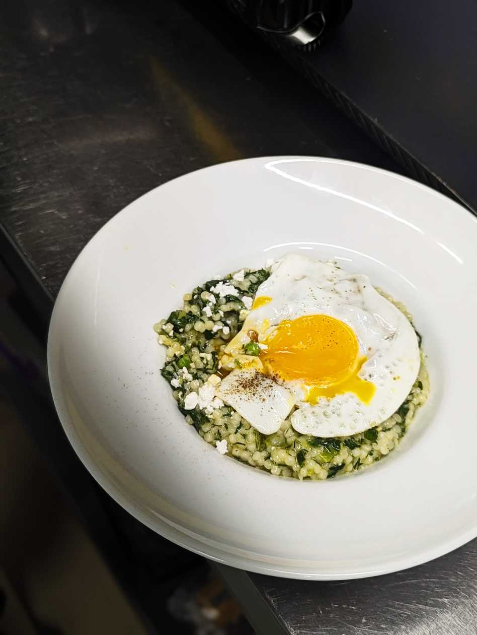 Pearl Couscous with Feta & sunny side up egg