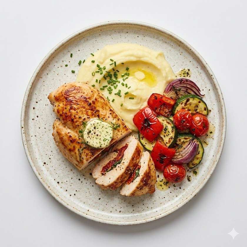 180g kurací steak plnený sušenými paradajkami a bazalkou