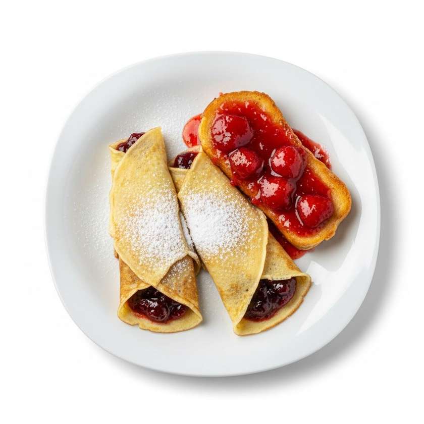 2x Palačinka marmeláda, moučkový cukr, jahodový topink