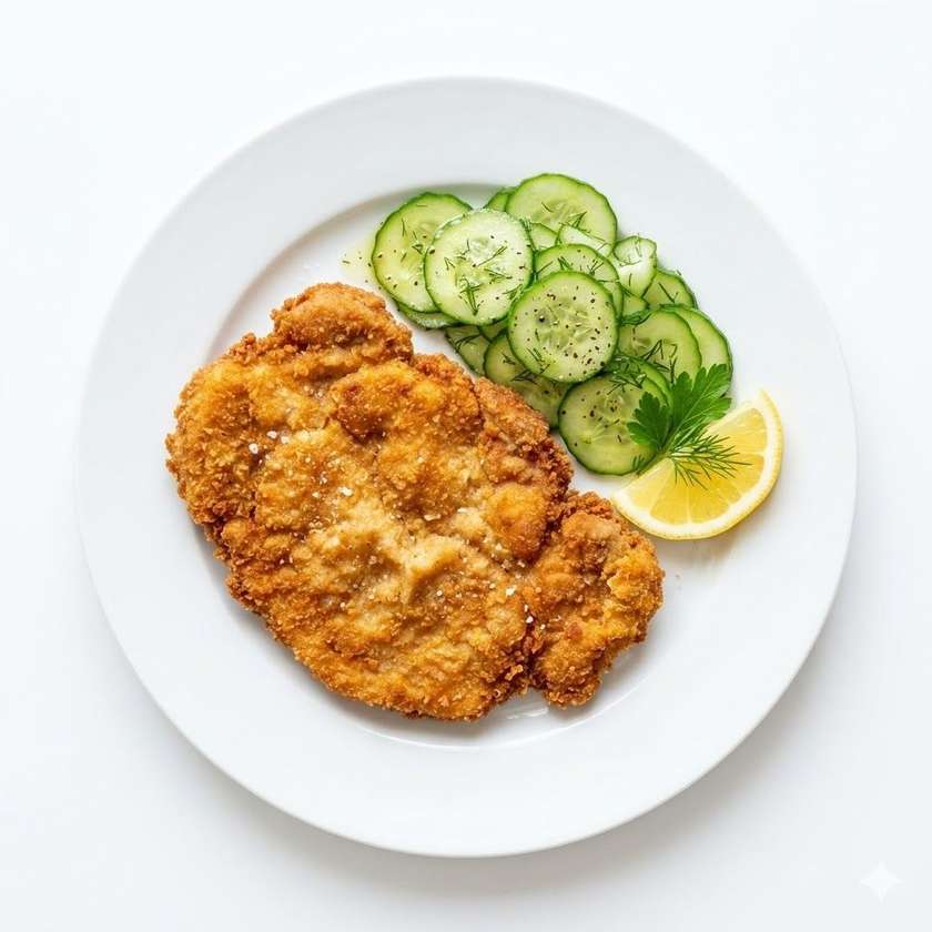 Pork Neck Schnitzel Fried in Lard, Cucumber, Lemon