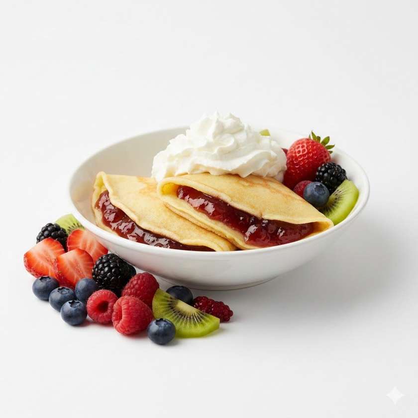 2ks Palačinka marmeláda, mix ovoce, šlehačka