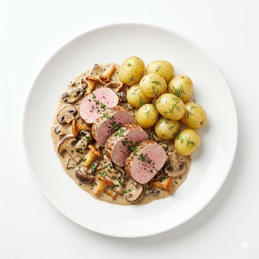 Pork tenderloin sous vide on mushrooms in a cream sauce