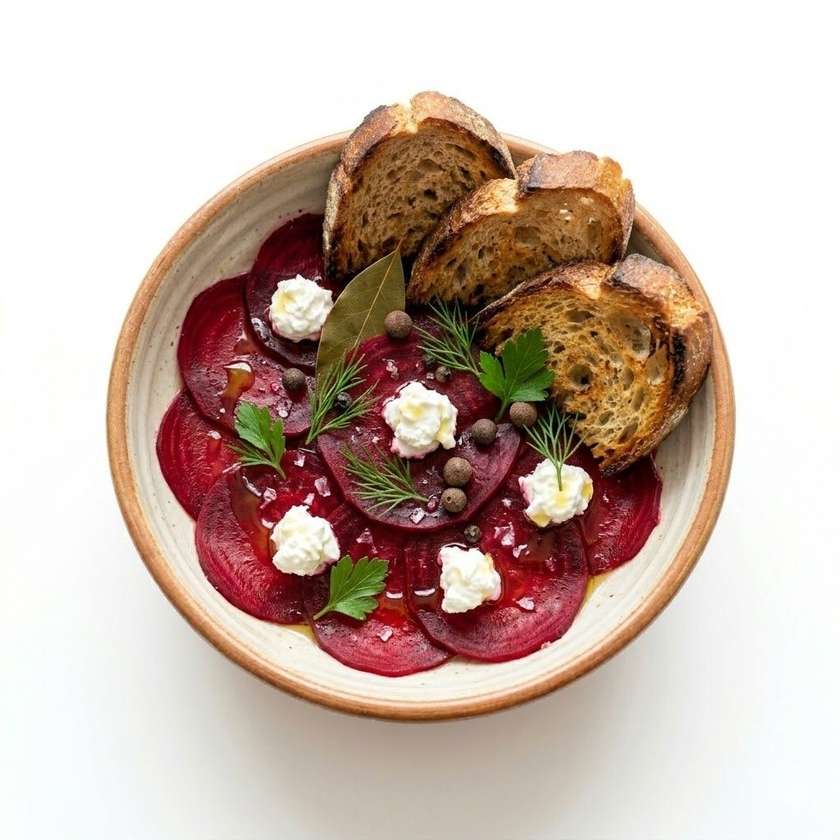 Goat cheese with beetroot carpaccio, toasted baguette