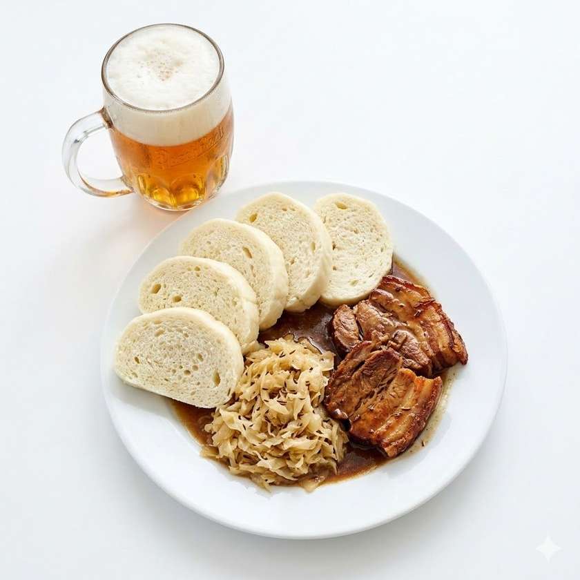 Vepřové výpečky, bílé zelí, 5ks houskový knedlík + 0,5l pivo