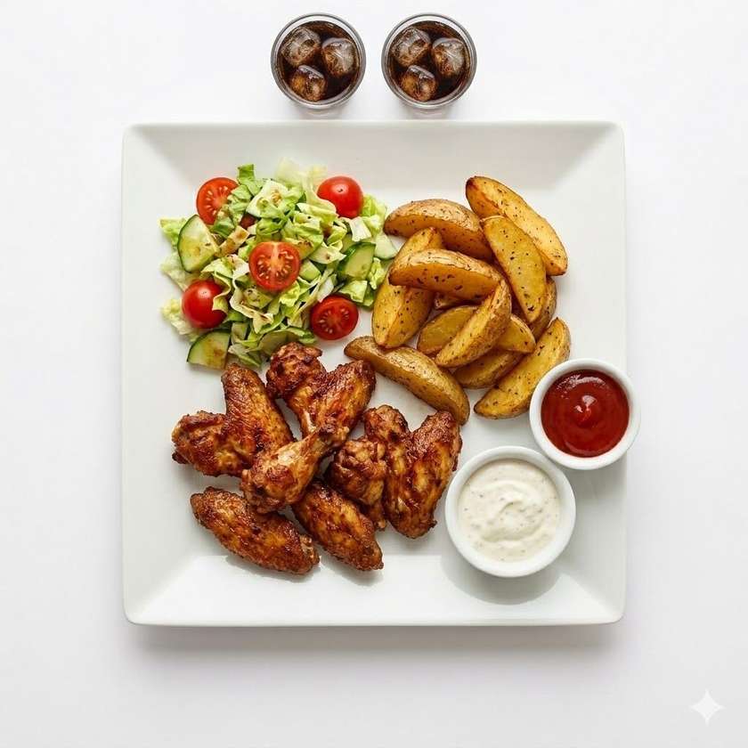 Kyblik:6ks kuřecí křidýlka marinované+400g americký brambor+mix salát+ tatarka, kečup+2x Pepsi