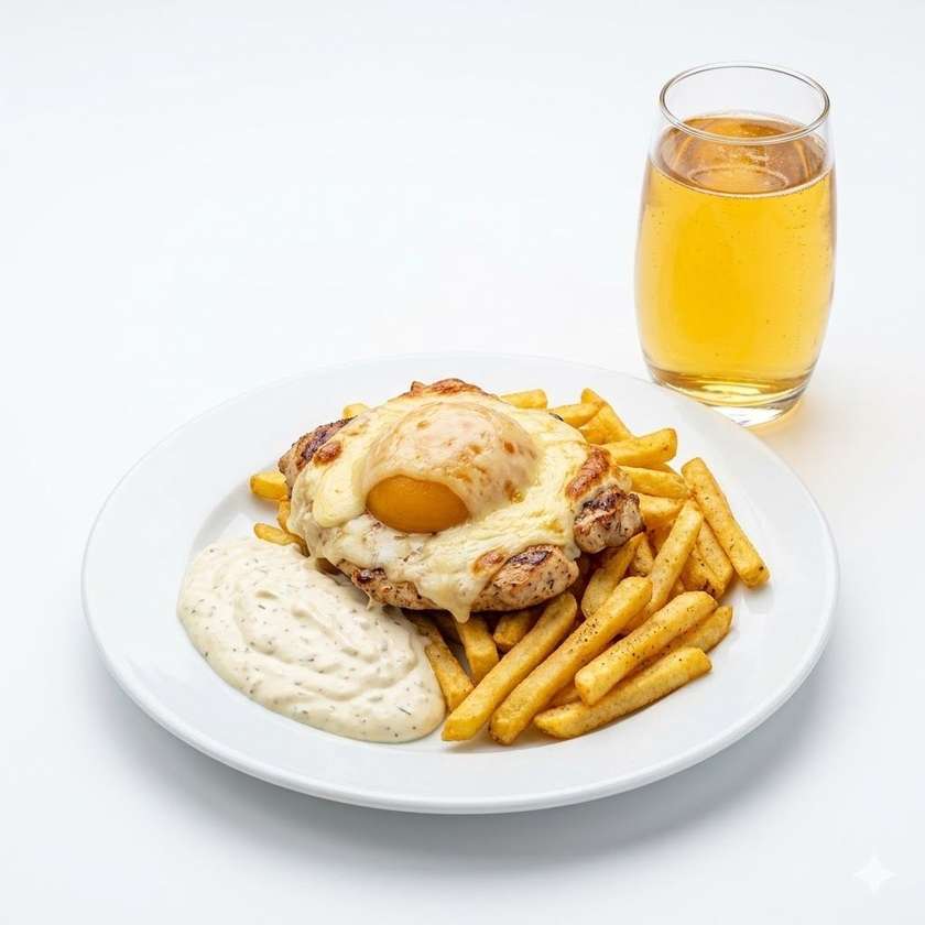 200g Max Kuřecí steak s broskev eidam + hranolky, tatarka +  Strongbow