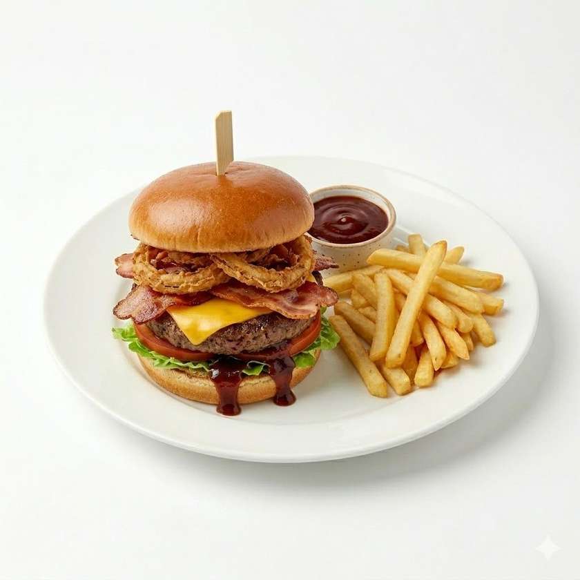 Beef burger with Jack Daniel’s sauce, cheddar, bacon, vegetables, onion rings, french fries