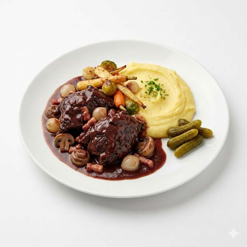 Beef cheeks in Burgundy sauce, sautéed vegetables
