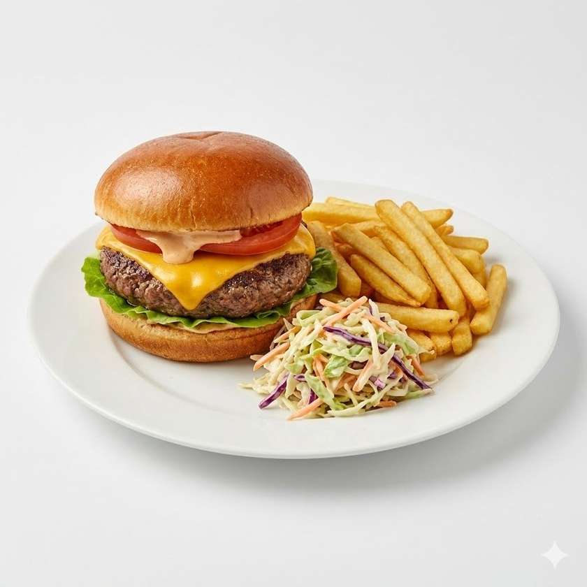 Cheeseburger, hranolky, salát coleslaw