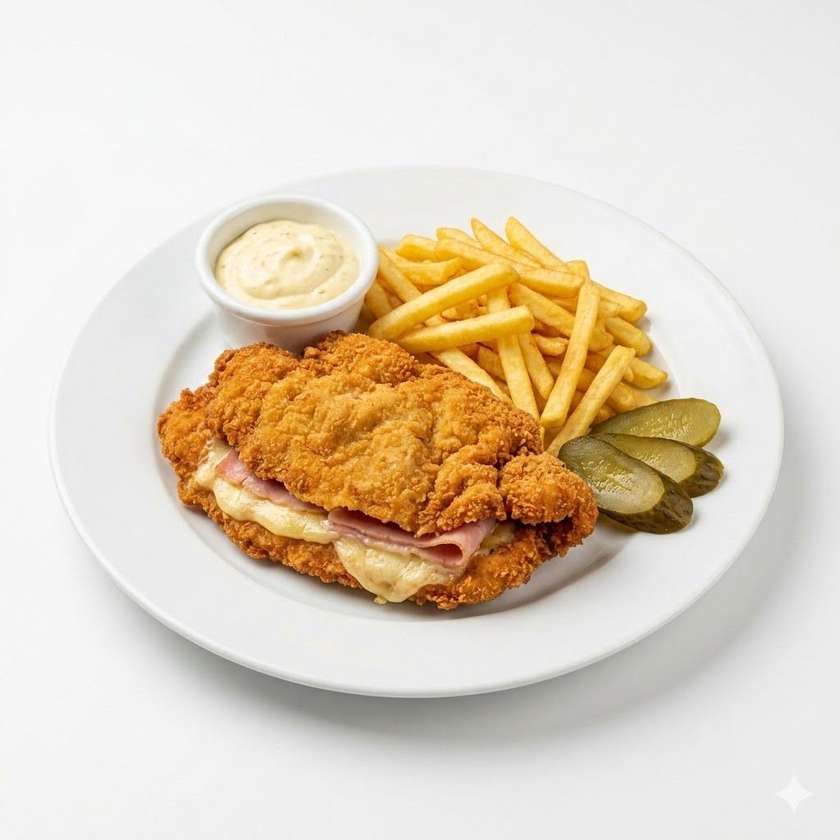 200g MAX Kuřecí řízek EXELENT ( šunka , sýr) + hranolky, kyselá okurka + tatarka