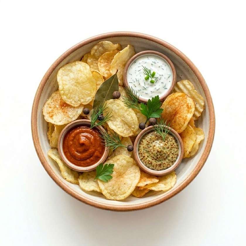 Potato chips with a mix of dips