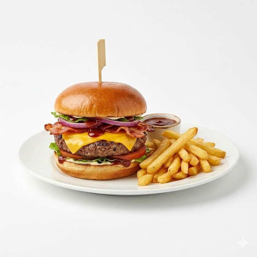 Beef burger with bacon, cheddar, red onion, vegetables, BBQ sauce, mayonnaise, and fries
