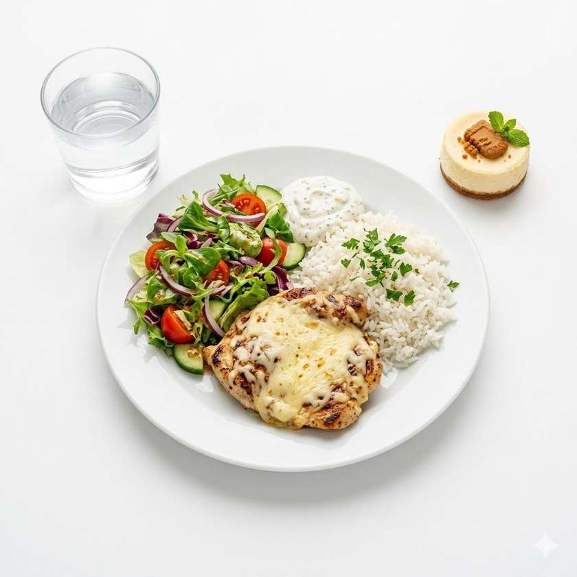 150g Kuřecí steak s parmazánem+ rýže +mix salát + jogurtový dip + J.P.Voda + mini cheesecake lotus