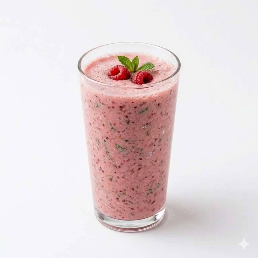 SMOOTHIE  MIX ( mlíko, jogurt, maliny, banán, máta + led)  0,5l