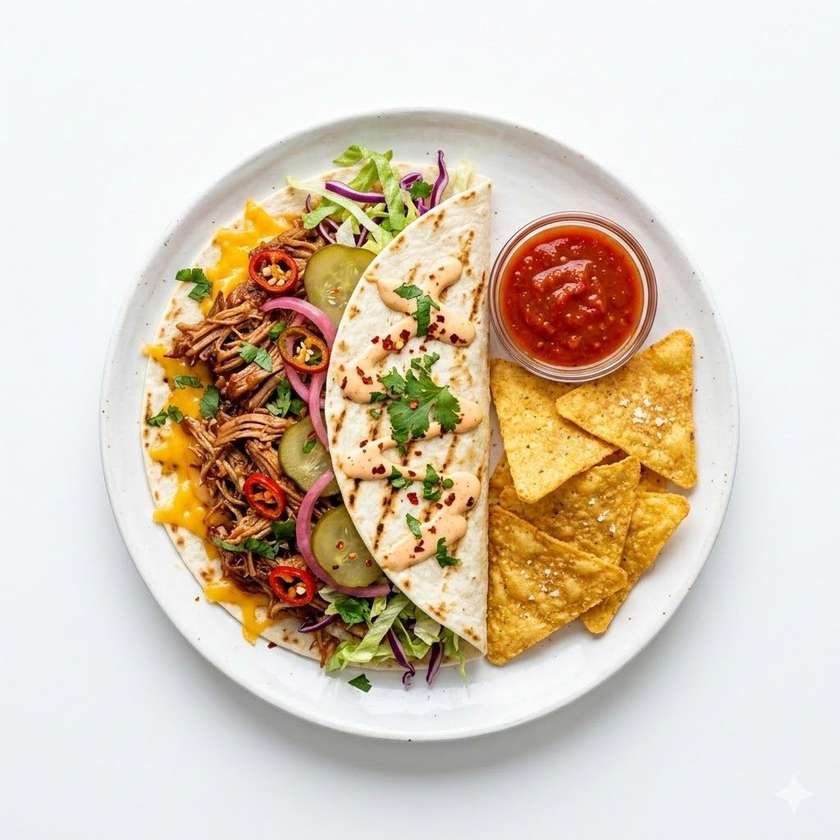 Spicy tortilla filled with pulled pork, fried chilli peppers with cheddar, pickles and salad