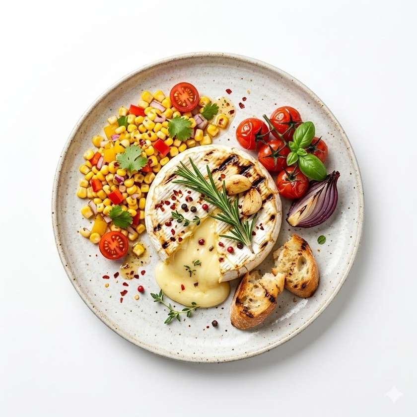 Grilled camembert with corn salad, tomatoes and garlic