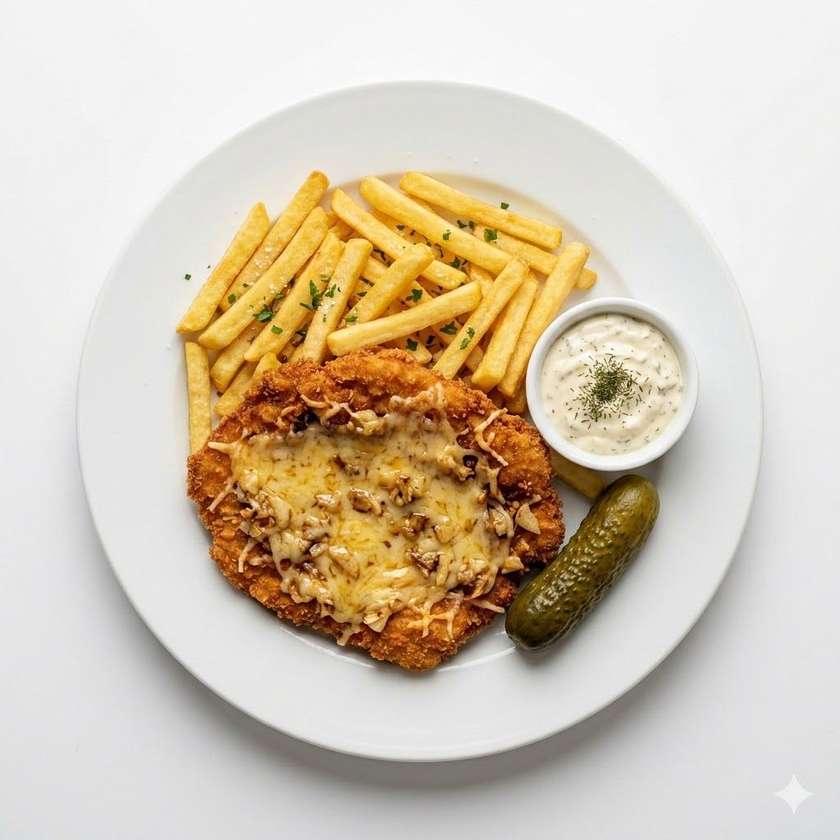 200g Max kuřecí řízek VULKANUS ( čedar, česnek), hranolky, tatarka + kyselá okurka