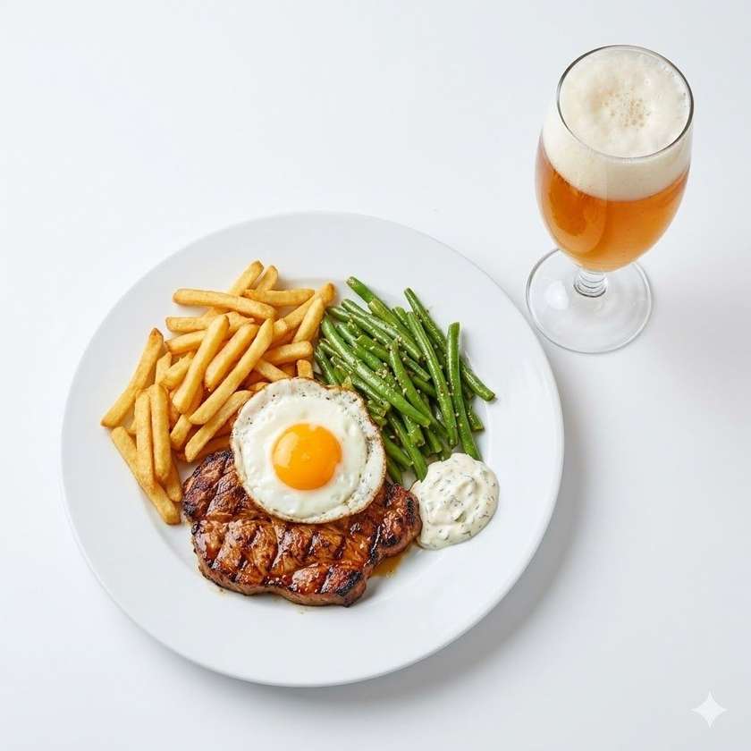 Steak z Krkovice, zelené fazolky, sázené vejce, hranolky, tatarka + O,5l pivo čepované