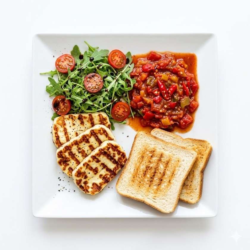 120 g Grilled HALLOUMMI Cheese with CHILLI Salsa and Arugula Salad