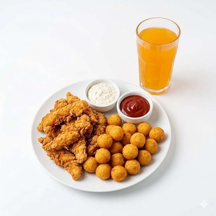 BOX : 400g Kuřecí stripsy +400g krokety+ tatarka, kečup, 2x Mirinda