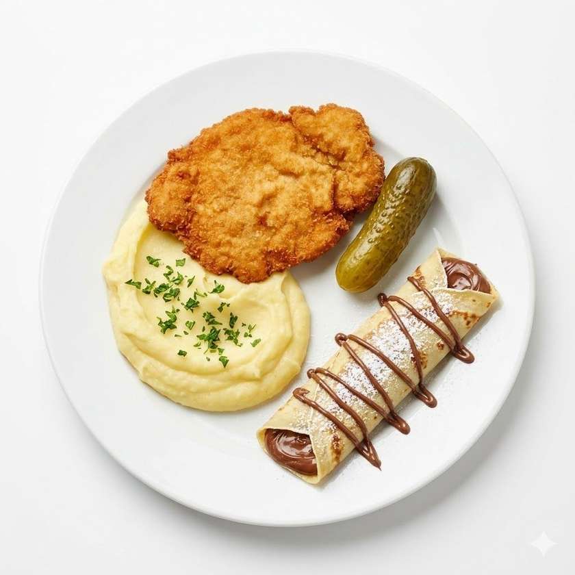 Kuřecí řízek, bramborová kaše, kyselá okurka + Palačinka nutella