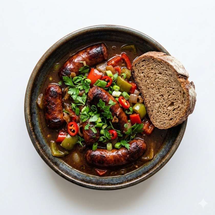 200g Sausages in Beer with Spicy Vegetables