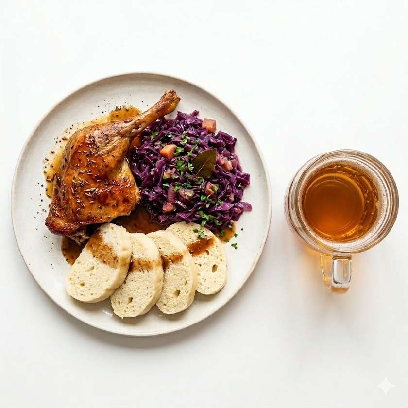 Kachní čtvrtka, červené zelí, 5ks houskový knedlík + 0,5l Březňák