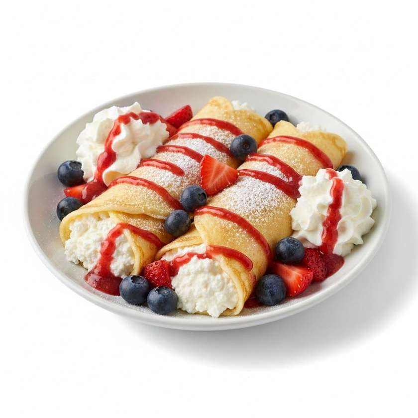 2ks Palačinka  tvarohová pěna, moučkový cukr + borůvky + jahodový  topink + šlehačka