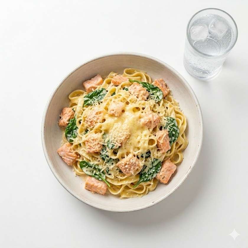 500g Tagliatelle losos,špenát, smetana, eidam, parmazán + J.P.Voda