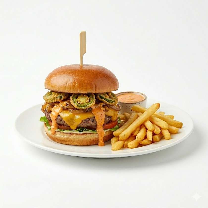 Beef Burger with Fried Jalapeños, Spicy Mayonnaise, Cheddar, Caramelized Onions, Greens