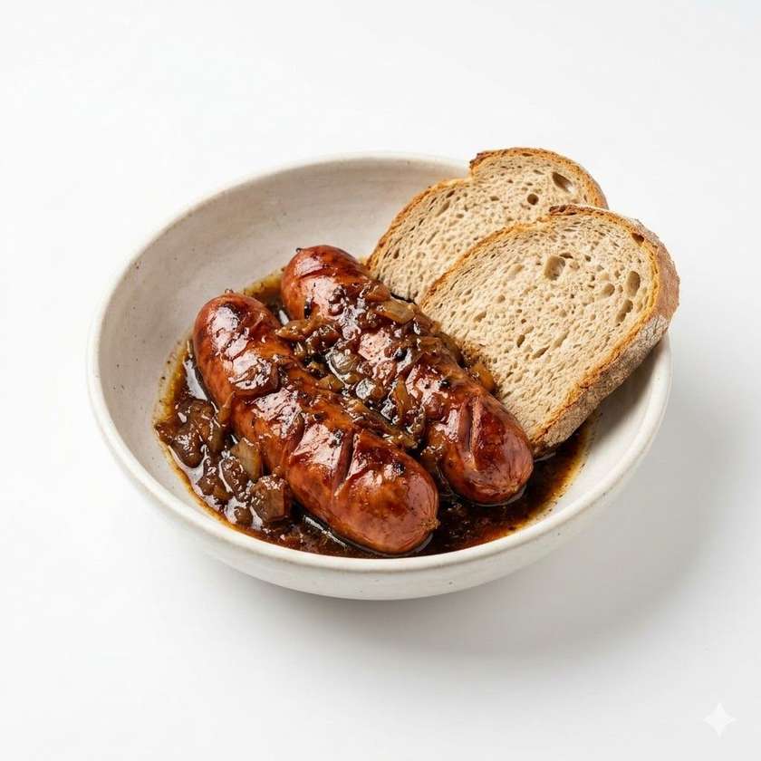 2ks Buřty pečené na černém pivu, chléb