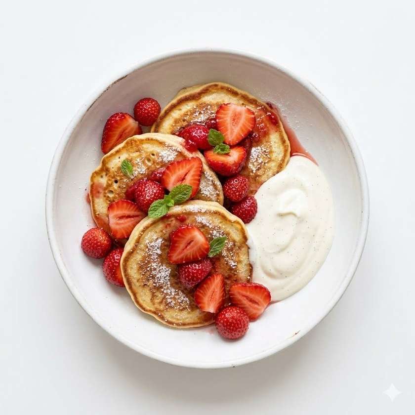 3 pcs Homemade Pancakes with Fresh Strawberries and Sweet Sour Cream