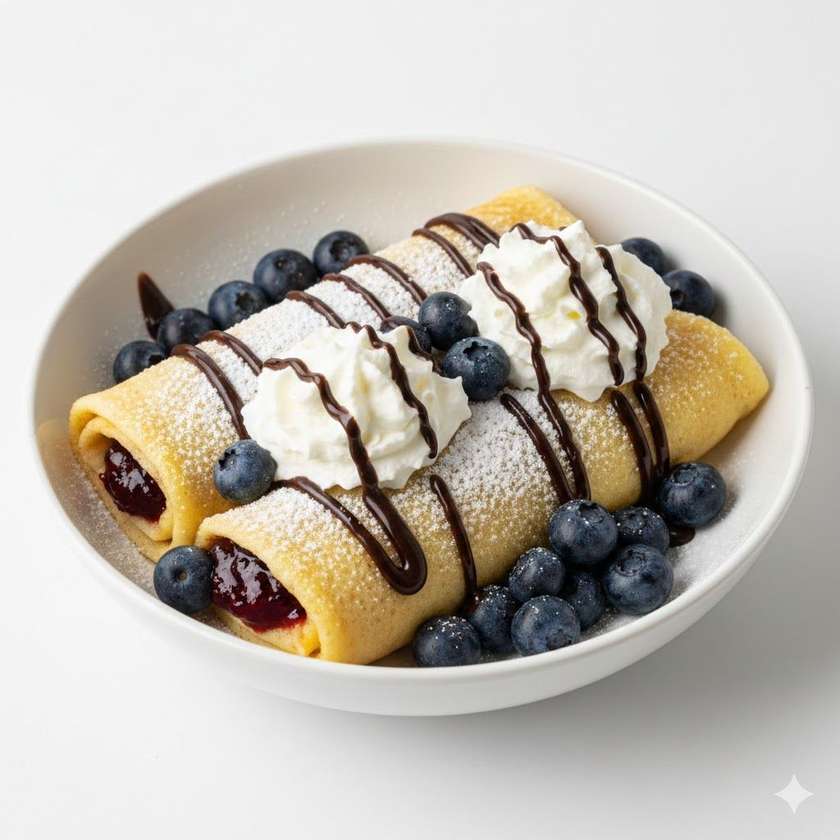 2 ks Palačinka  s marmeládou, moučkový cukr+ borůvky + čoko topink + šlehačka