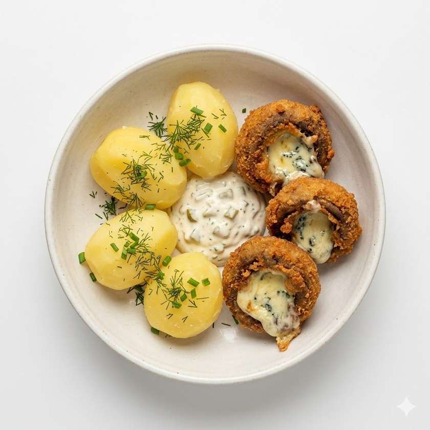 Smažený žampion s nivou, vařený brambor, tatarka + 0,5l Březňák