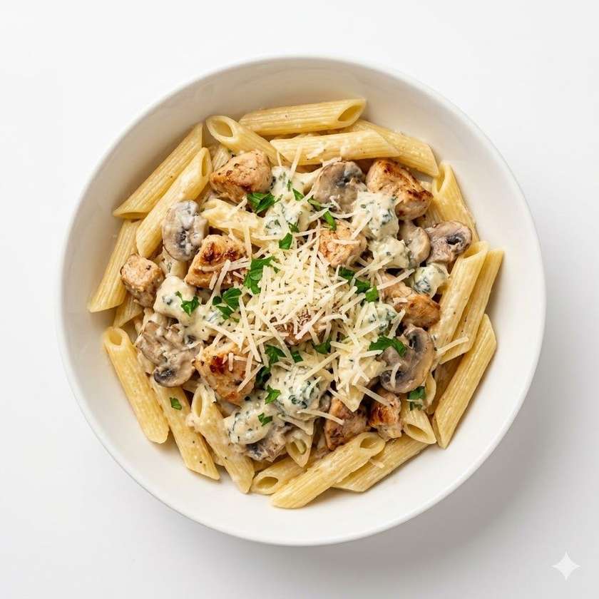 Těstoviny s kuřecím masem, žampiony, smetanovou omáčkou s nivou, parmesan