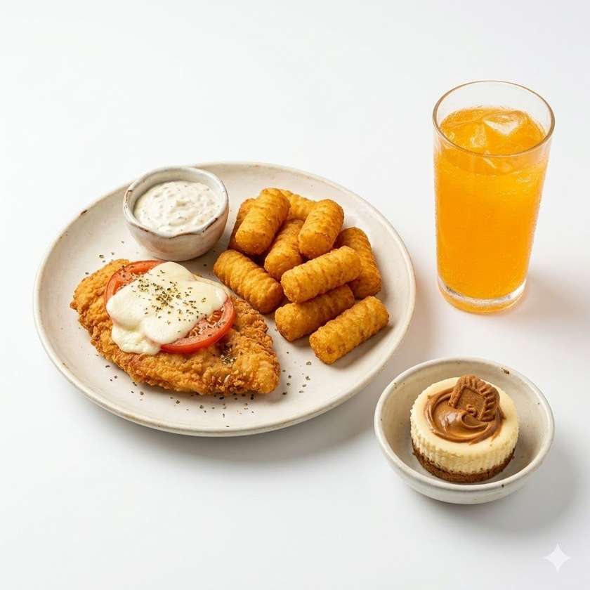 150g Kuřecí steak+ mozzarella,rajče + krokety +tatarksá omáčka + MIRINDA + mini cheesecake lotus