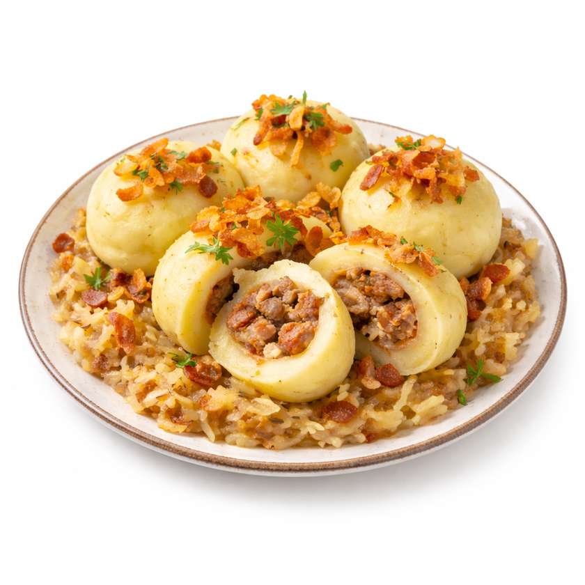 Stuffed potato dumplings with cabbage and roasted onions