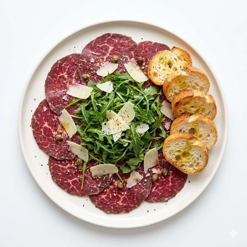 Beef Tenderloin Carpaccio with Parmesan, Arugula, and Toasted Baguette
