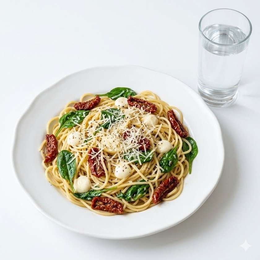 500g Špagety s baby špenátem,sušené rajčata, mozzarella, parmazán+ J.P.Voda