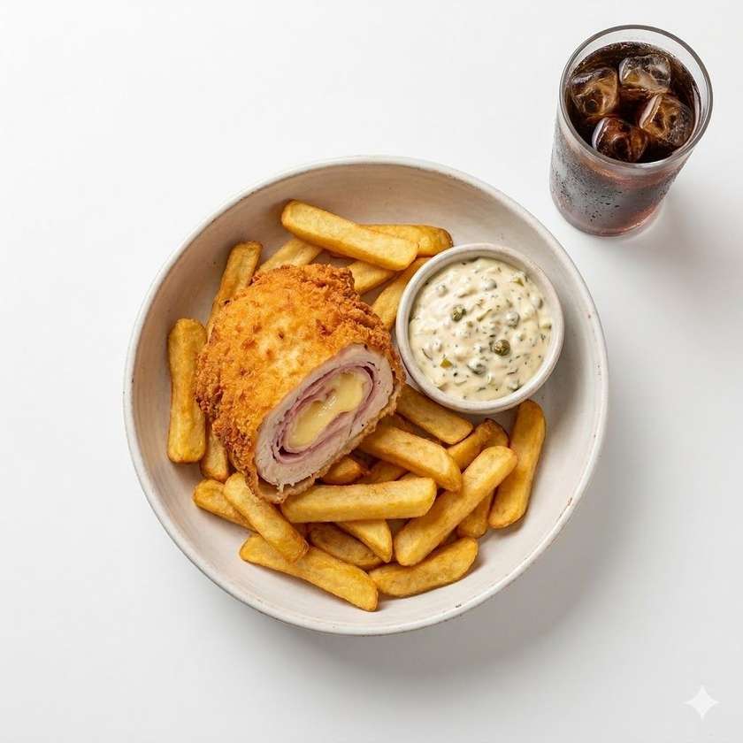 Smazený kuřecí řízek cordon bleu, hranolky, tatarka + Pepsi