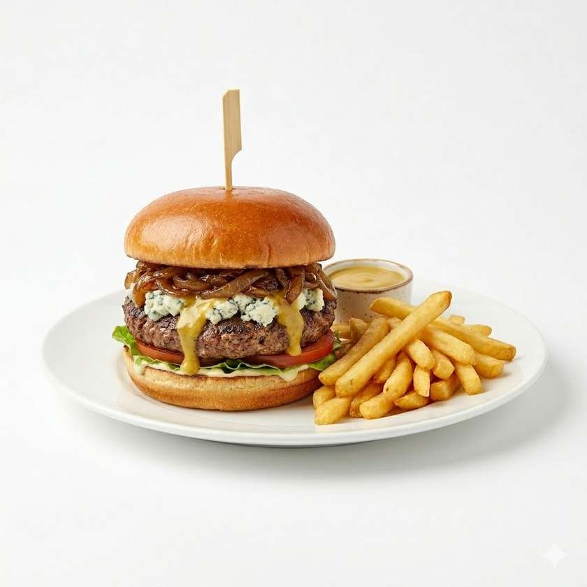 Beef burger with blue cheese, caramelized onion, honey mustard, vegetables, french fries