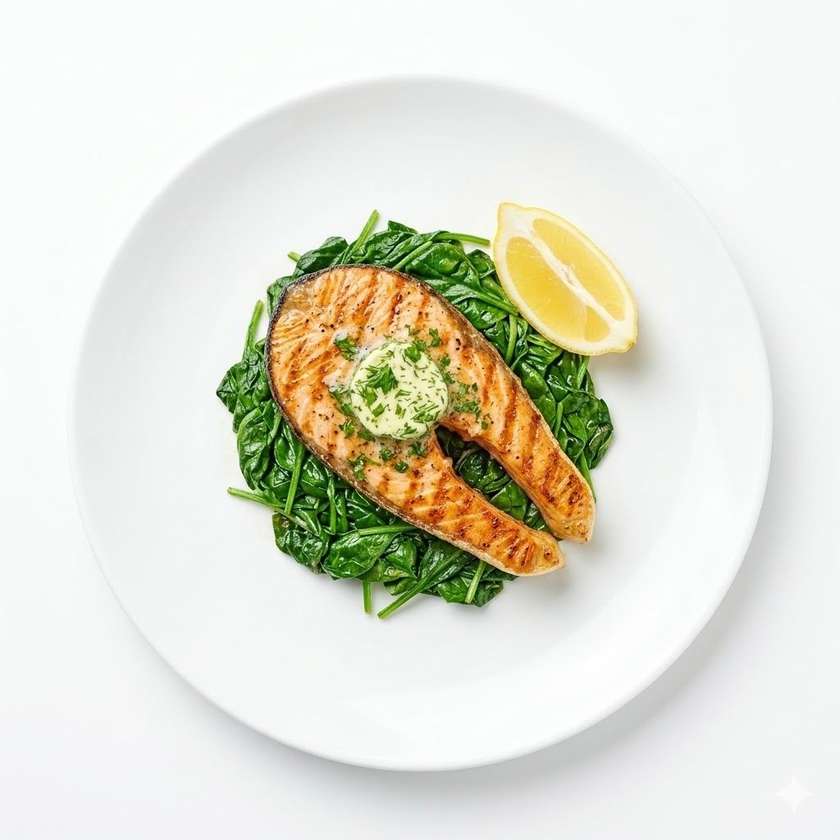 Steak z lososa pečený na tálu, podávaný na listovém špenátu s bylinkovým máslem, citrón