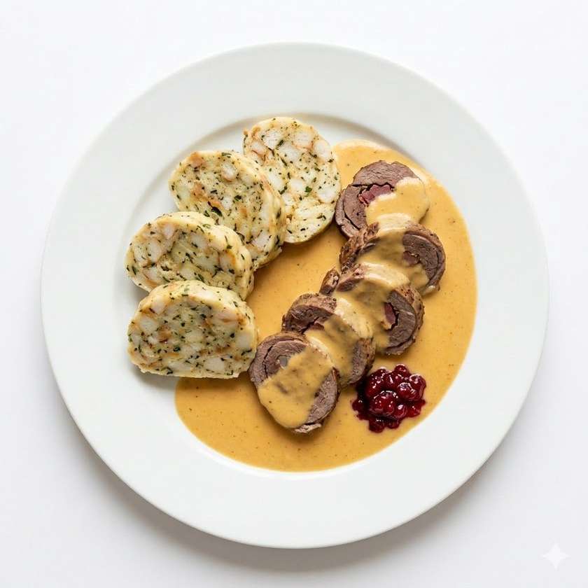 Venison Rolls, Svíčková Sauce, Cranberries, Homemade Carlsbad Dumplings