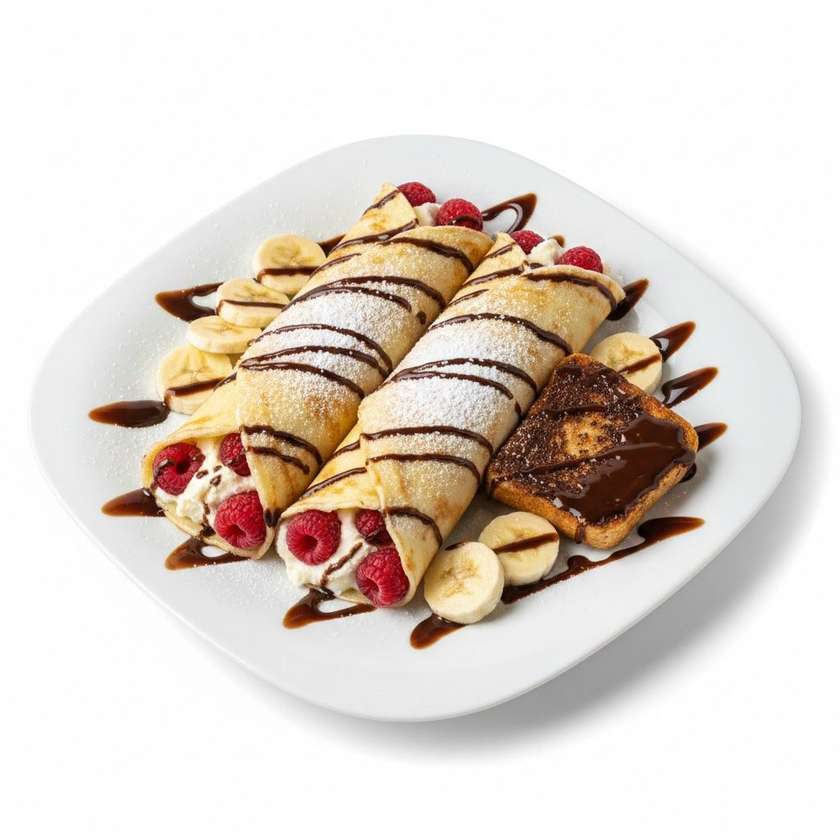 2 ks Palačinka s mascarpone + maliny, banán, čoko topink + moučkový cukr